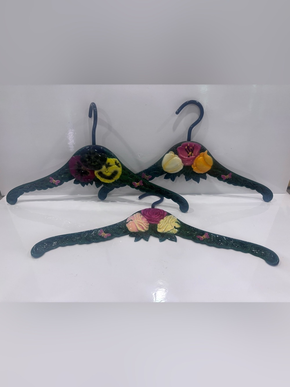 Hand-Painted Floral Decorative Hangers - Dark Green with Multicolor Flowers